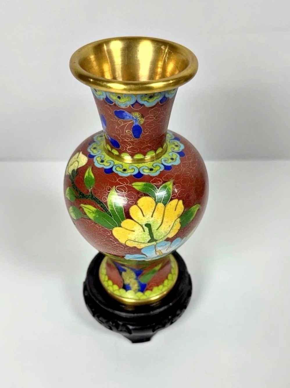 Vintage Cloisonné Enamel Vase on Carved Wood Stand – Bird & Blossom Motif, Rich